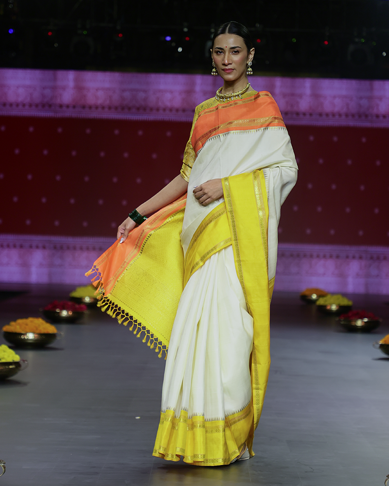 White, Yellow, and Orange Silk Saree