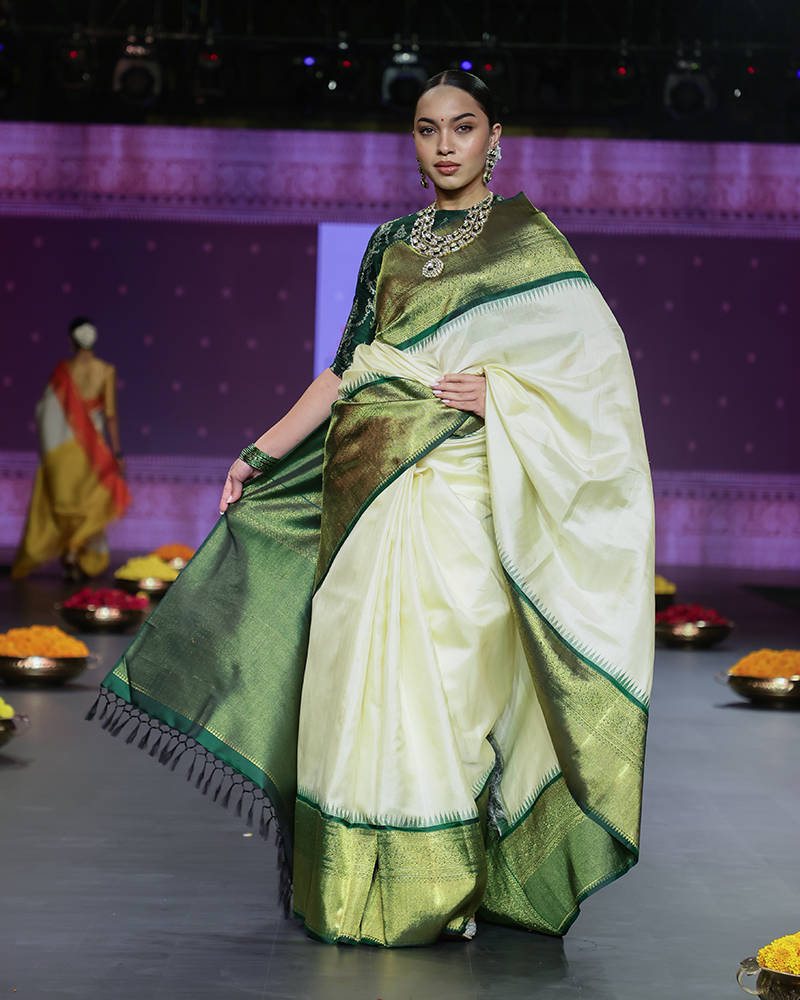 Cream and Green Zari Saree