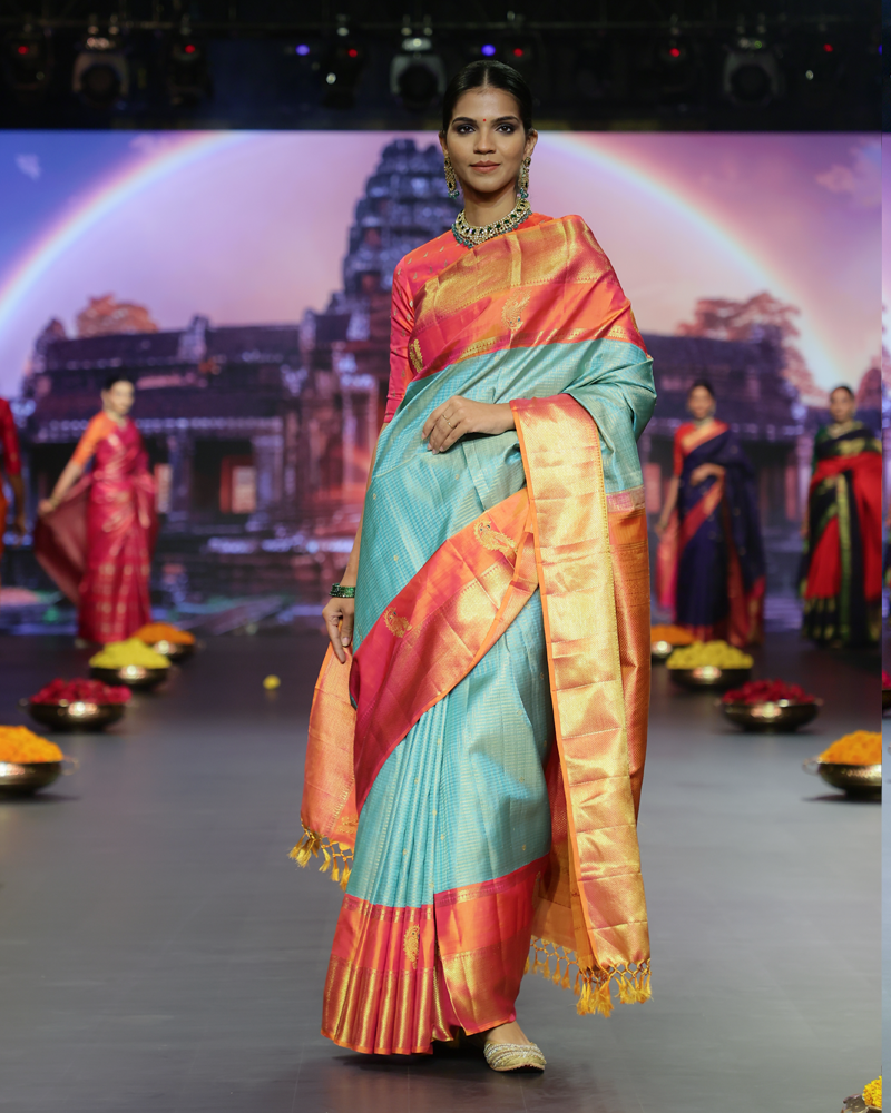 Seafoam and Coral Silk Saree