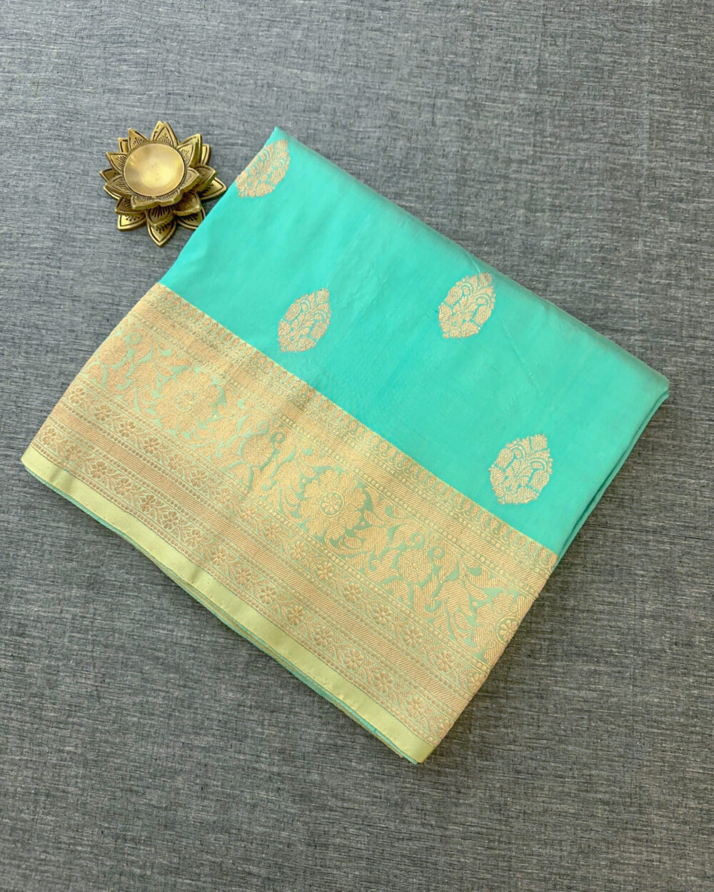 Aqua Silk Saree with Golden Zari - Image 3