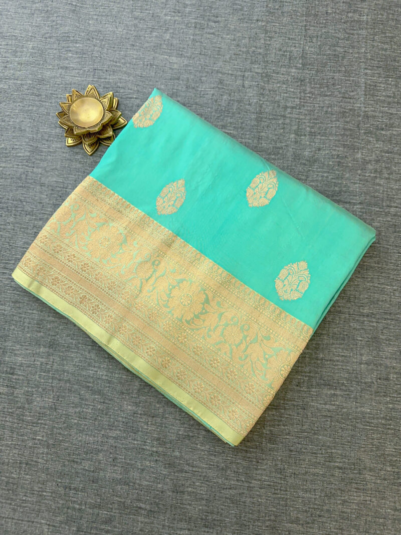 Aqua Silk Saree with Golden Zari - Image 4