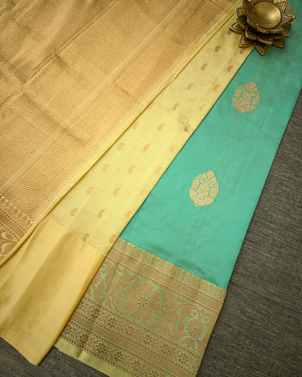 Aqua Silk Saree with Golden Zari - Image 2
