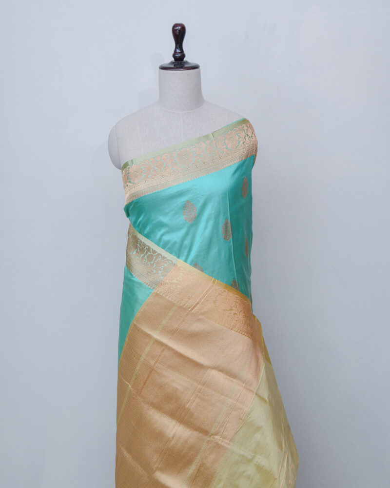Aqua Silk Saree with Golden Zari - Image 2