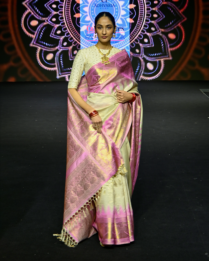 Cream and Pink Zari Saree