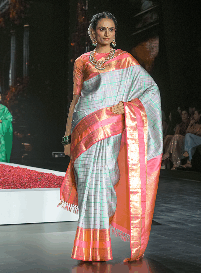 Light Grey and Coral Border Saree