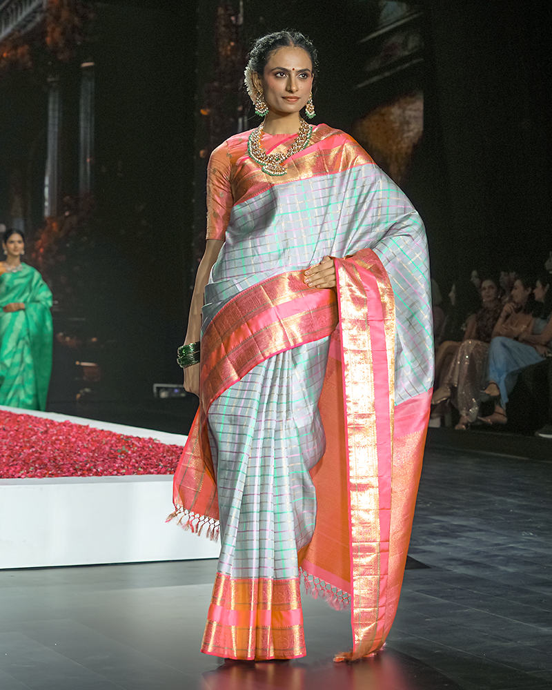 Light Grey and Coral Border Saree
