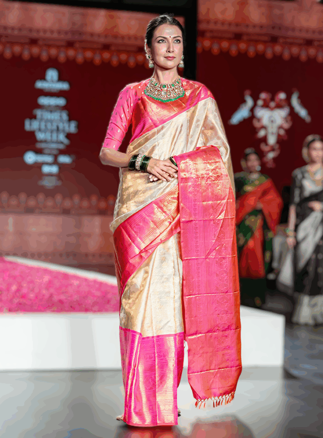 Off White & Pink Kanjivaram Saree