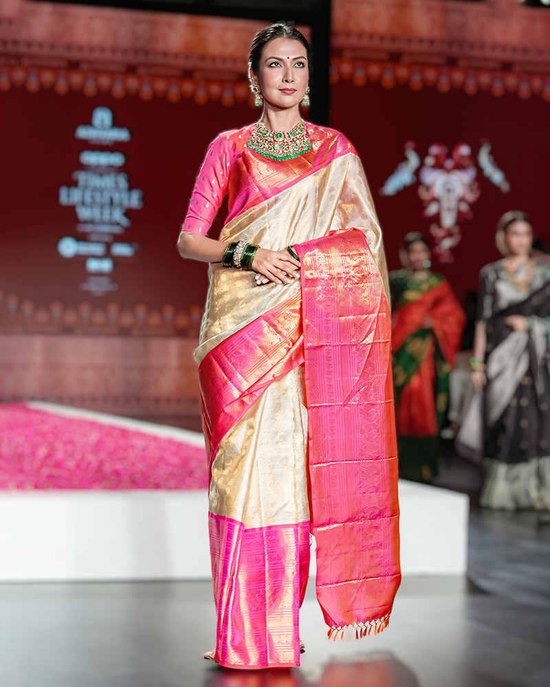 Off White with Pink Border Kanjivaram Silk Saree