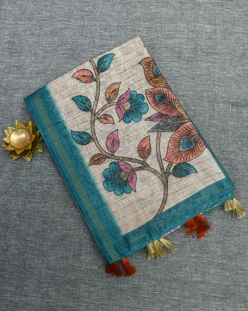 Orange and Teal Floral Saree