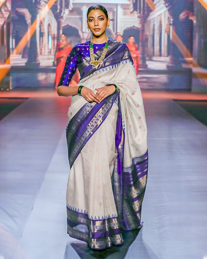 Off- White & Purplish Blue Kanjivaram Silk Saree