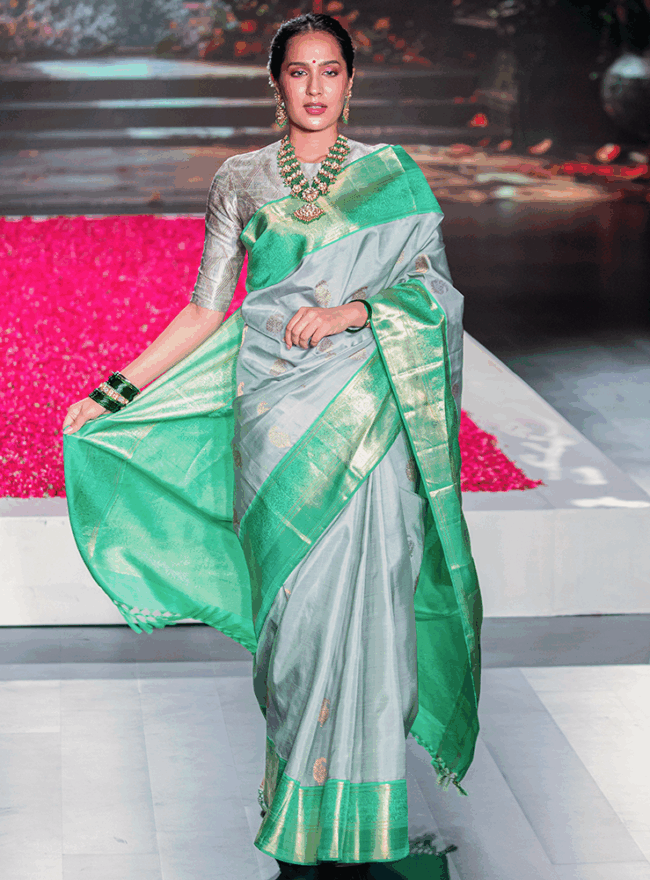 Light Gray & Green Kanjivaram Saree
