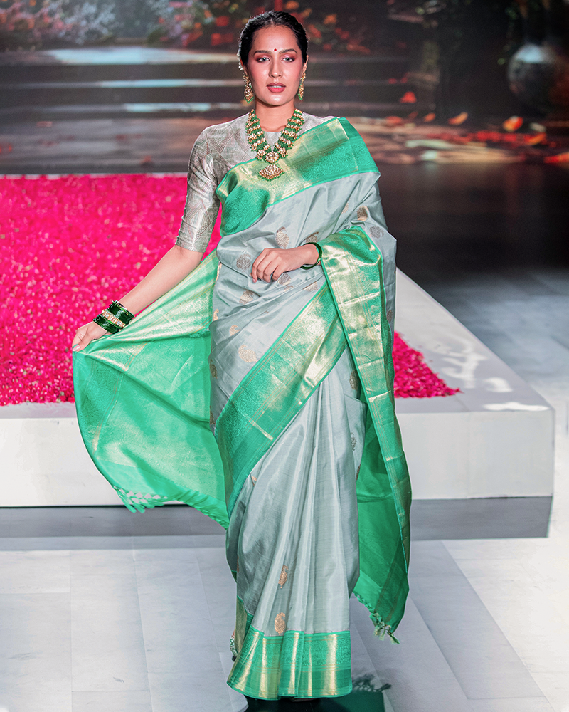 Light Gray & Green Kanjivaram Saree