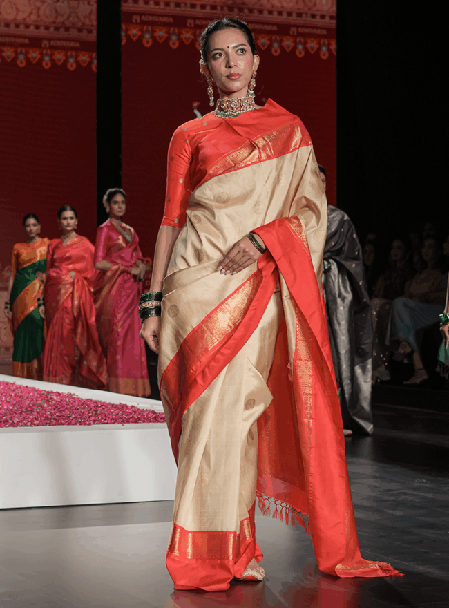 Cream & Vermilion Red Kanjivaram Saree
