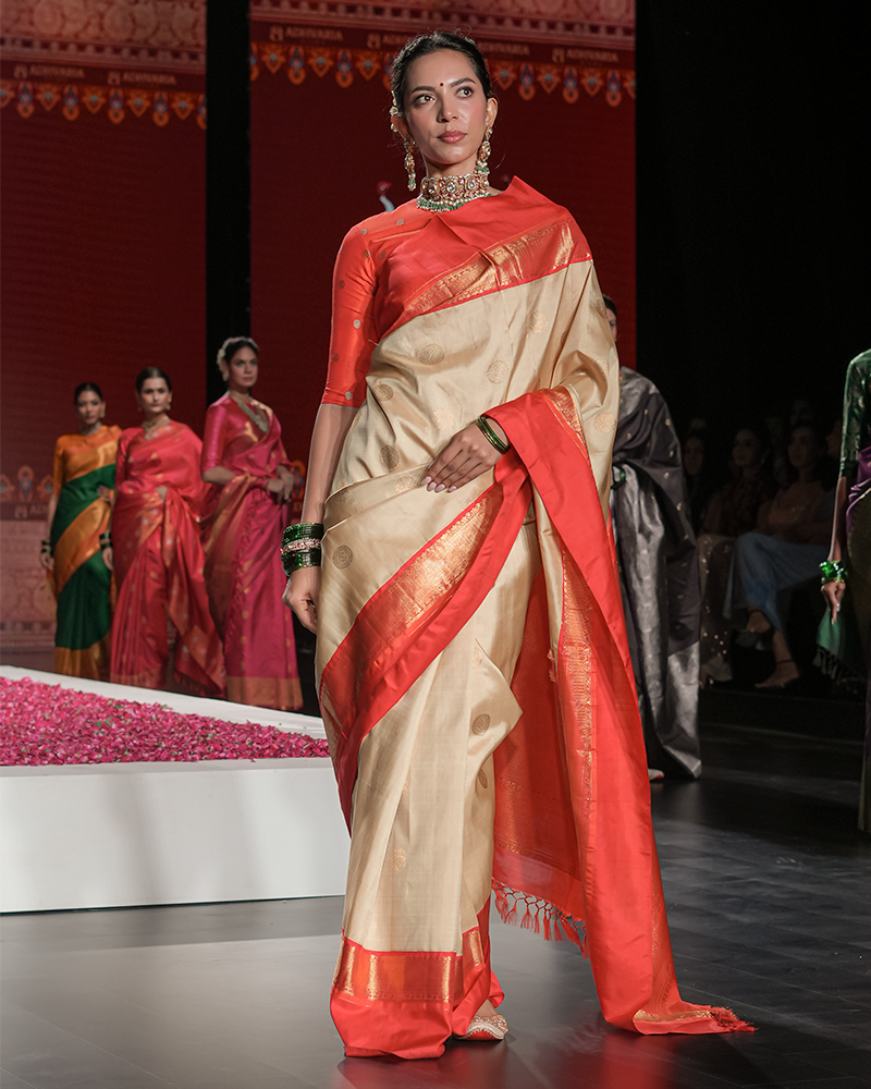 Ivory & Vermilion Red Kanjivaram Saree