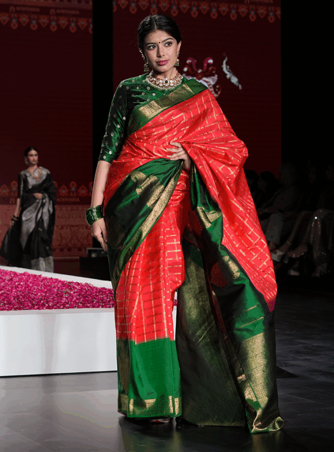 Red & Emerald Green Kanjivaram Saree
