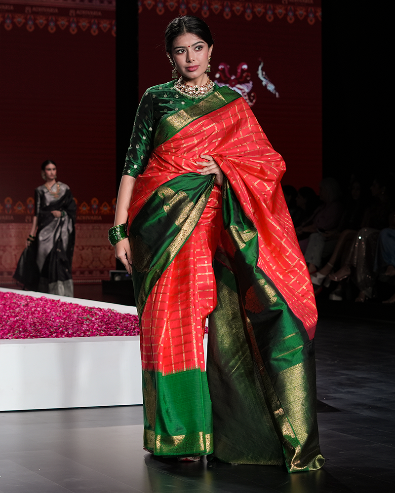Red & Emerald Green Kanjivaram Saree