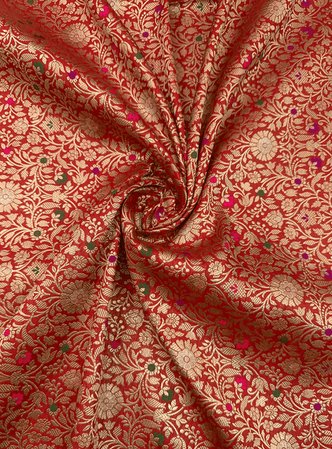 Red & Gold Zari Floral Brocade Fabric