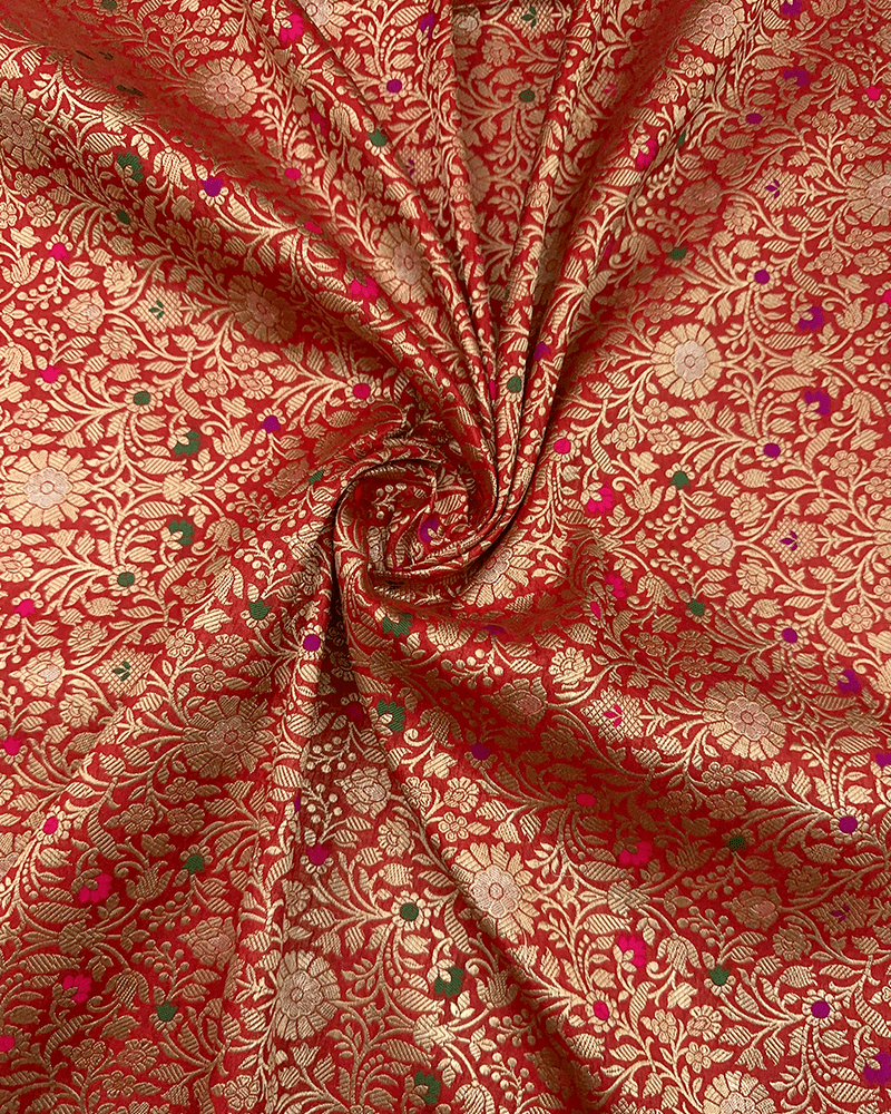Red & Gold Zari Floral Brocade Fabric