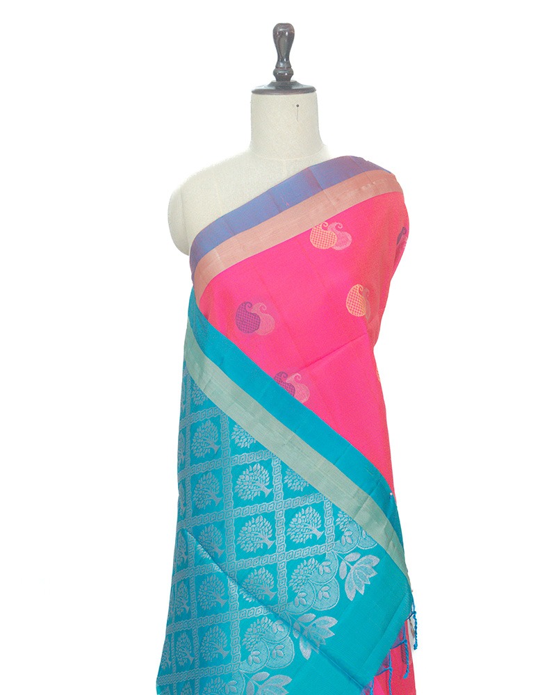 pik and blue soft silk saree