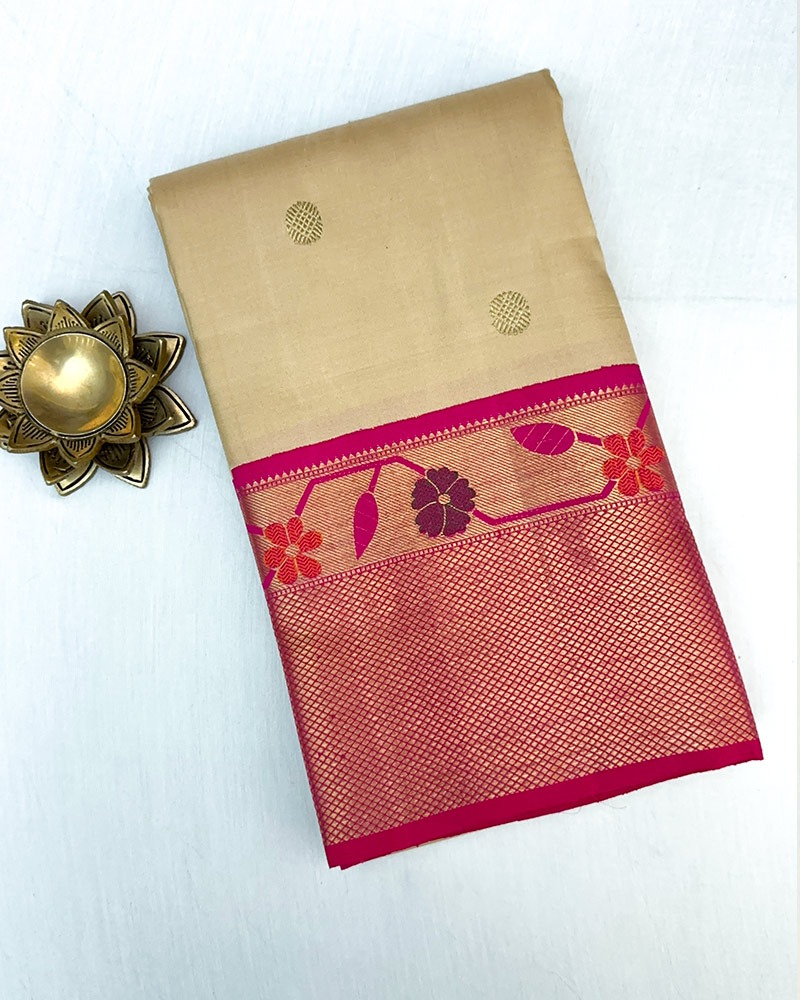 Light Gold With Rani Pink Kanjivaram Saree