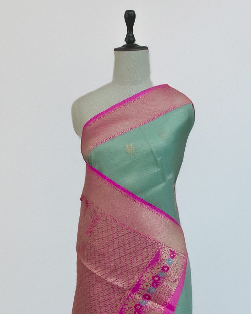 mint green pink border banaras silk saree