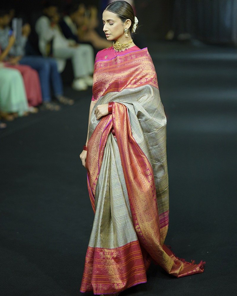 Silver & grey Kanjivaram saree