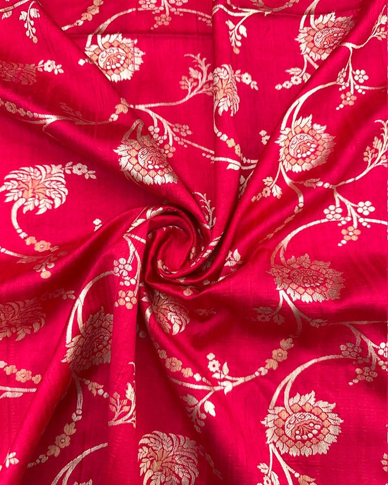 Deep pink & golden floral zari fabric
