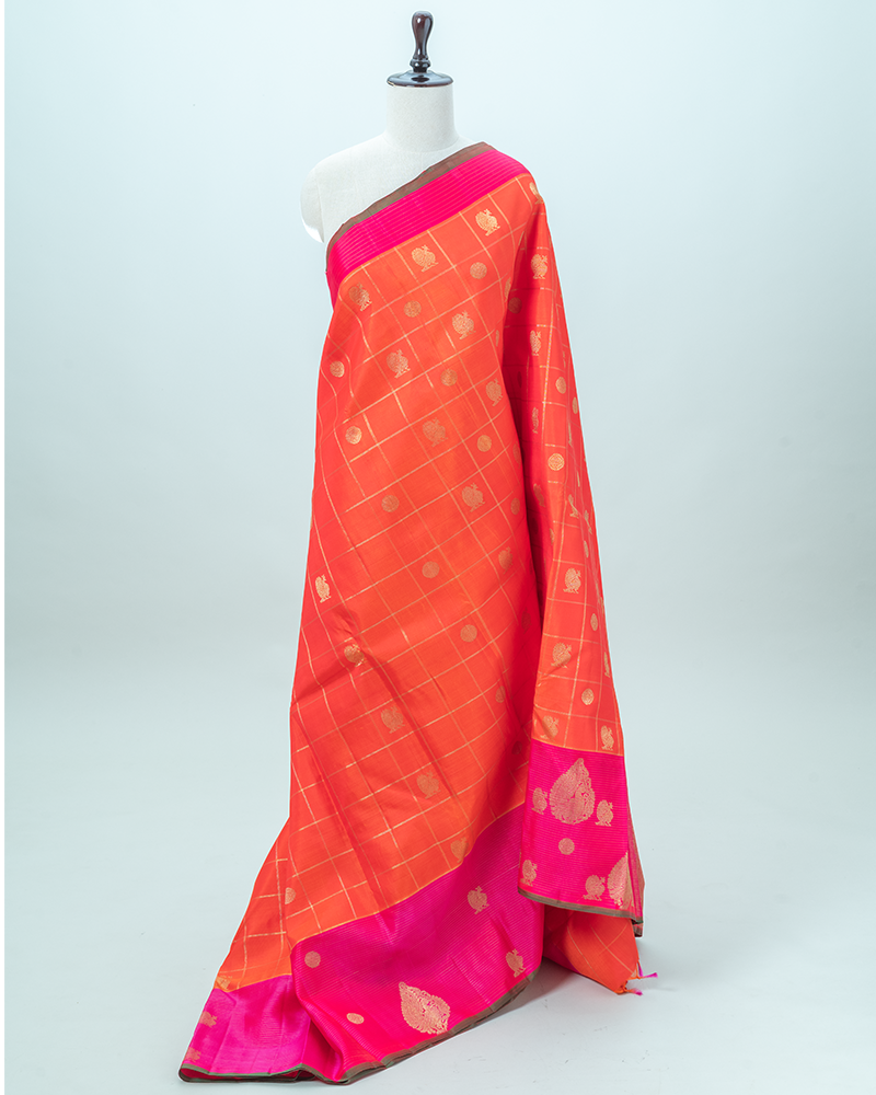 Orange & Rani Pink Kanjivaram Saree