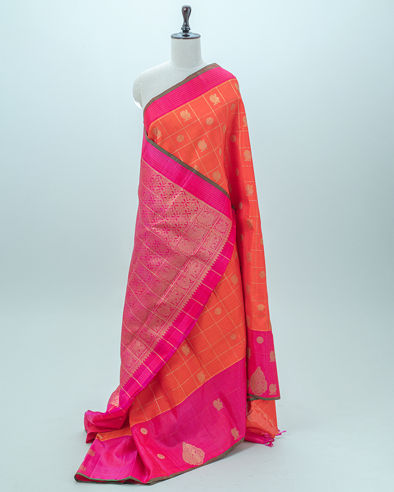 Orange & Rani Pink Kanjivaram Saree - Image 3