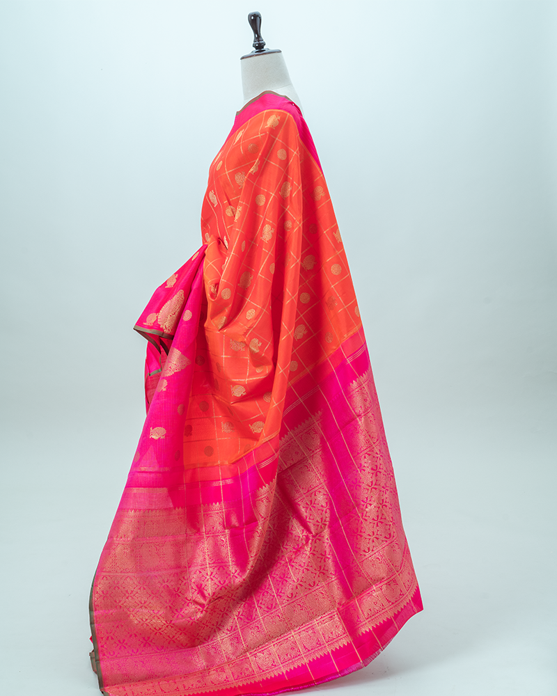 Orange & Rani Pink Kanjivaram Saree - Image 4