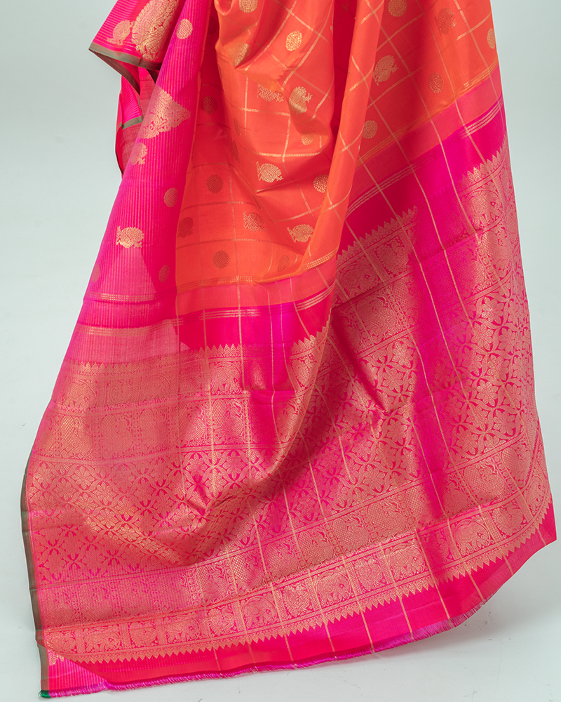 Orange & Rani Pink Kanjivaram Saree - Image 5