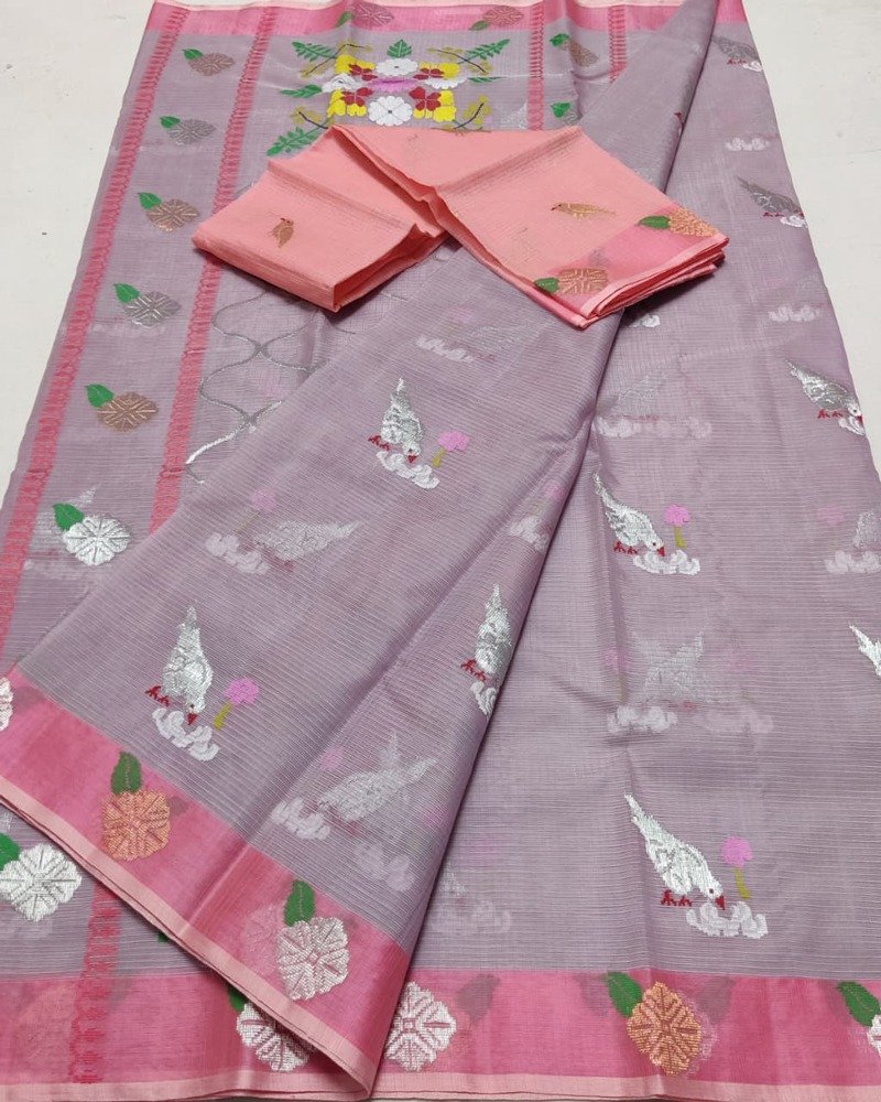 Pink Grey  Floral Zari Kota Saree