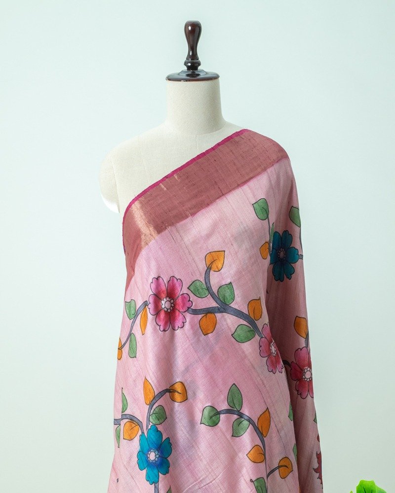Light pink Tussar Kalamkari saree