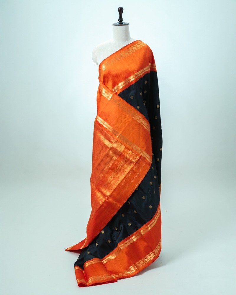 Black & Orange Gadwal Silk Saree