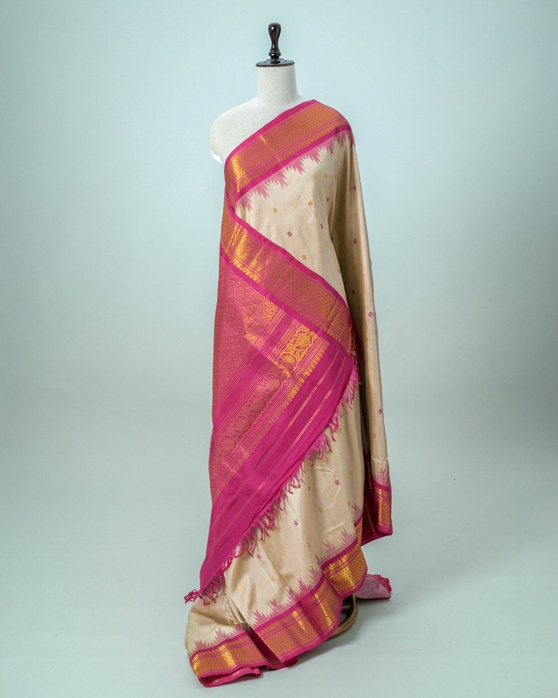 Cream & Pink Gadwal Silk Saree