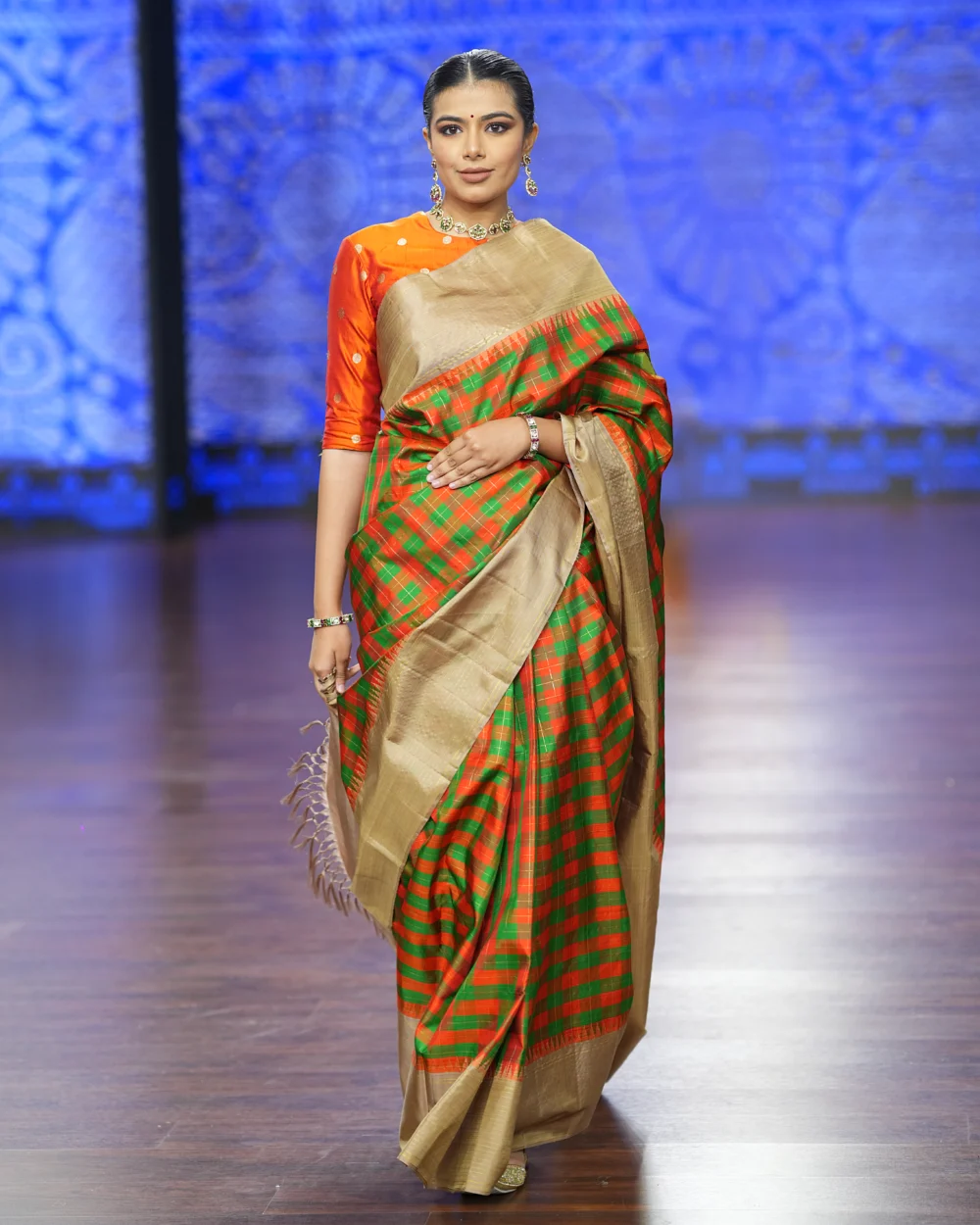 Bright Orange Checks Kanjivaram