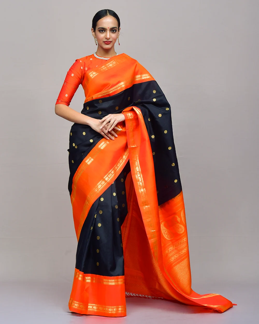 Black & Orange Gadwal Silk Saree