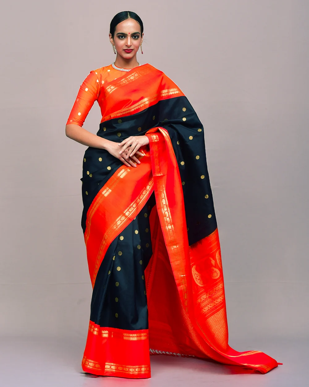 Black & Red Gadwal Silk Saree