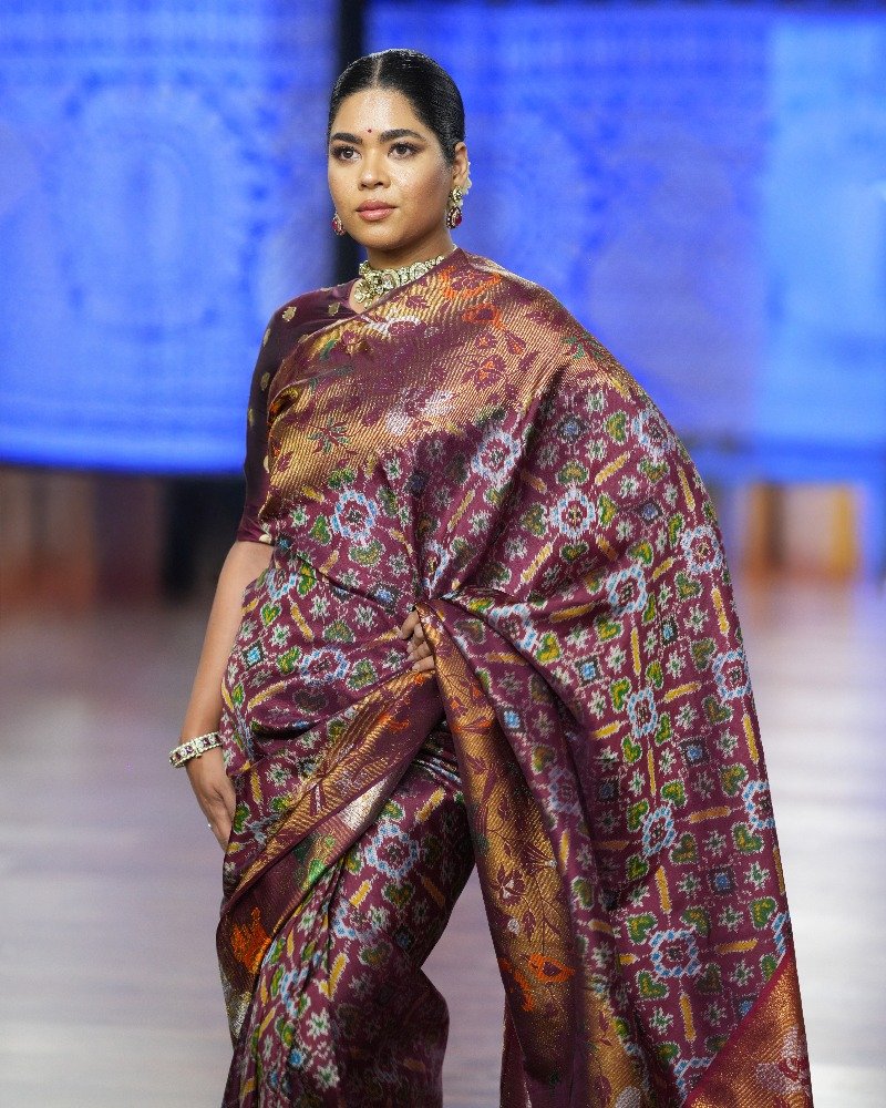 Maroon Ikkat Kanchi silk saree