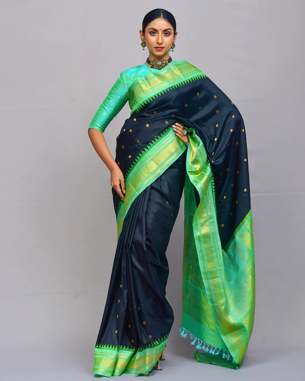 Black & Green Gadwal Silk Saree
