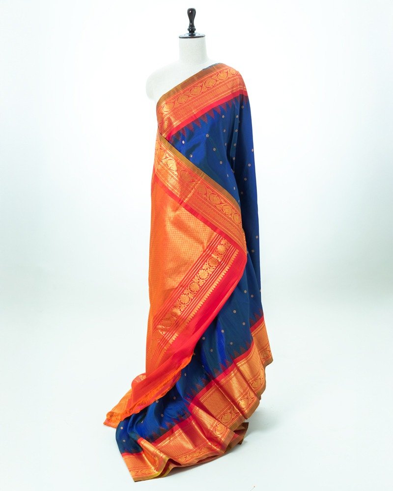 Blue & Red Gadwal Silk Saree