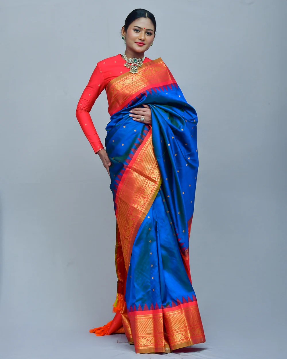 Blue & Red Gadwal Silk Saree