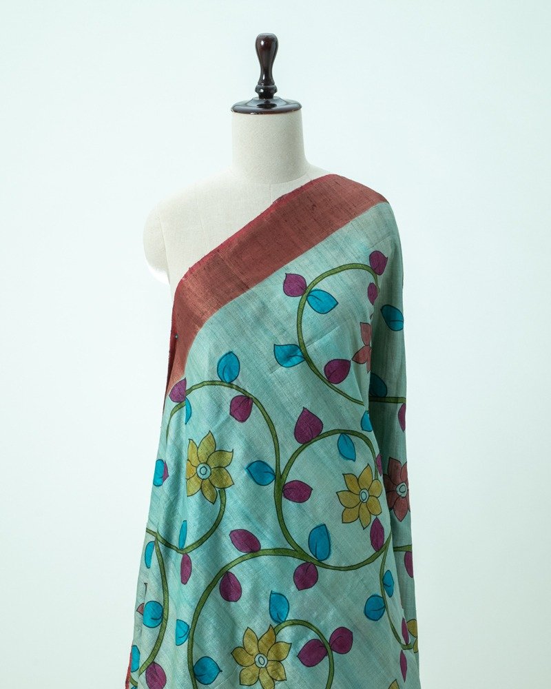 Light Teal Tussar Kalamkari Saree