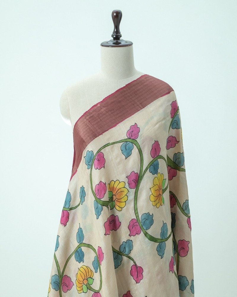 Biege Tussar Kalamkari Saree