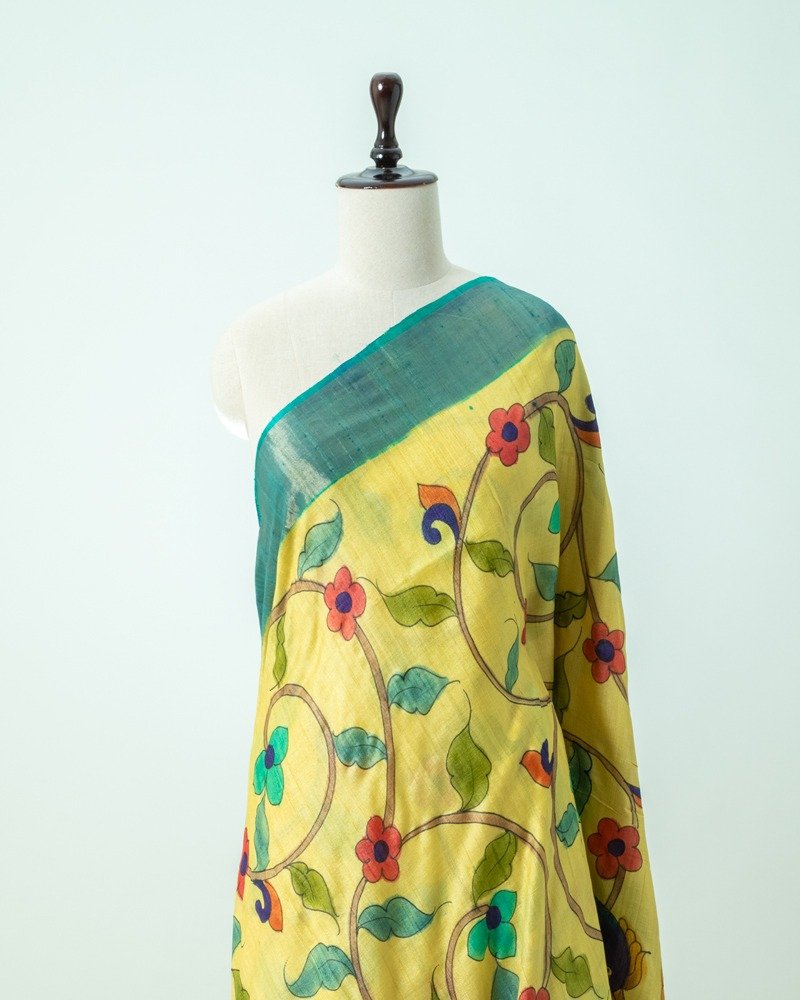 Light Yellow Tussar Kalamkari Saree
