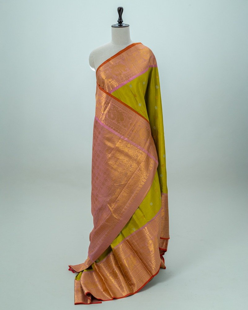 Olive Yellow & Ligt gold Gadwal Saree
