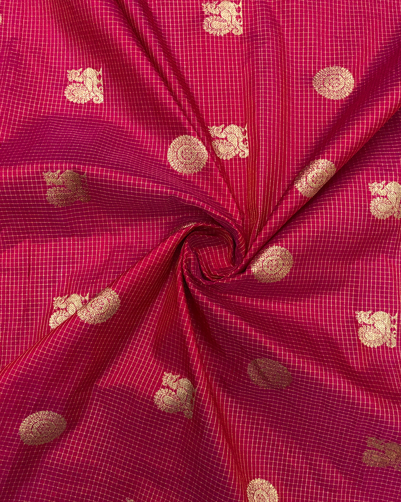 Pink checks zari butta silk fabric