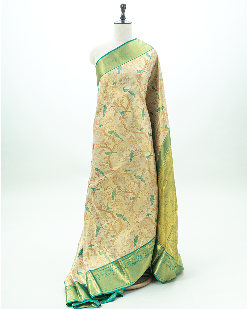 Light Biege  & Green border Tissue Kanjivaram Saree