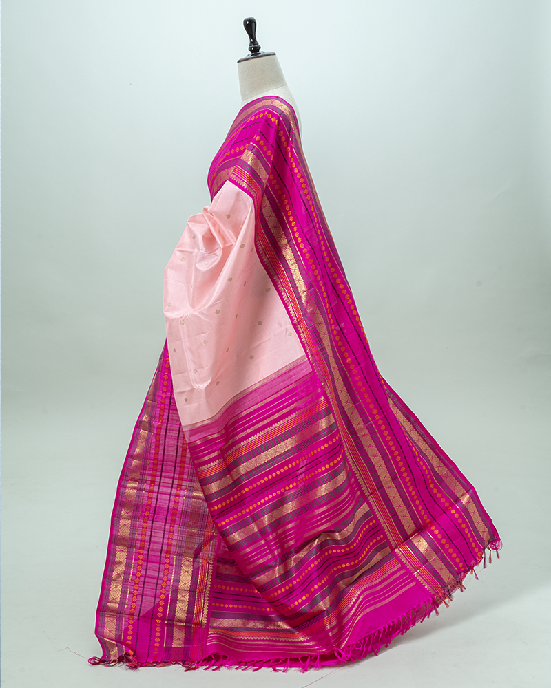 Peach Pink Border Kanjivaram Silk Saree - Image 5