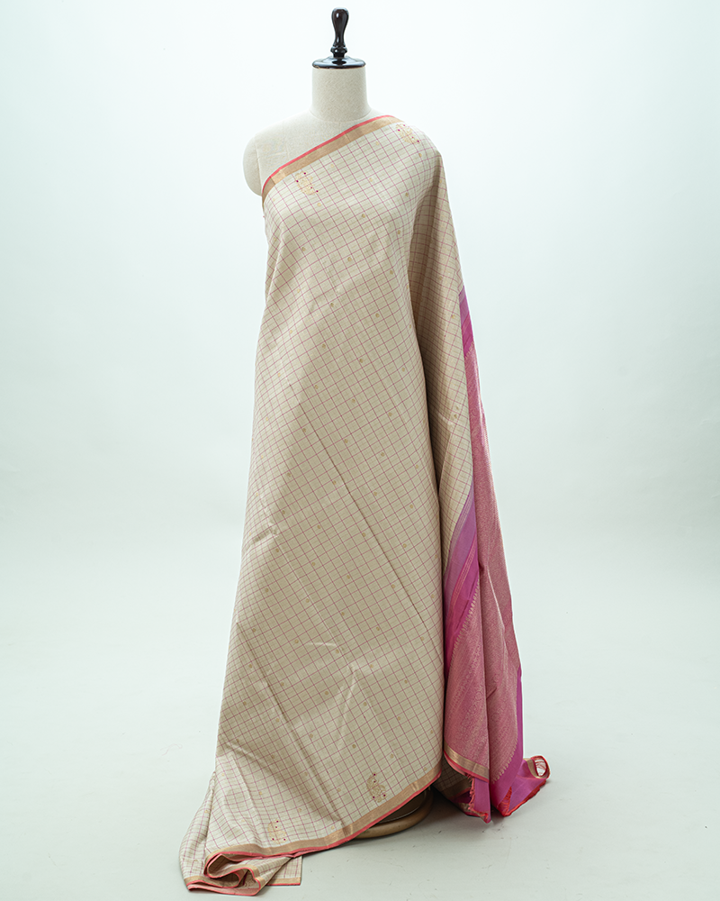Biege pink Kattam Kanjivaram silk saree
